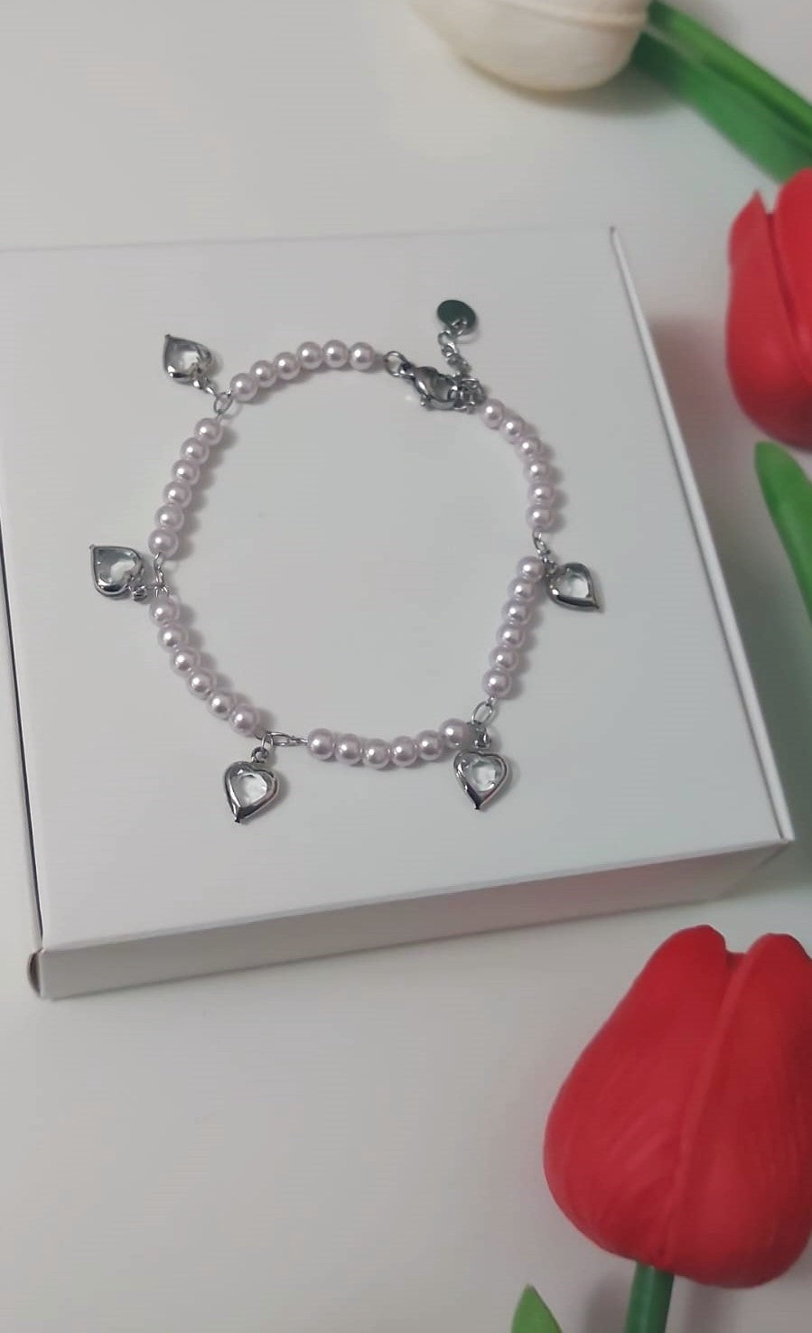 Bracciale perle cuoricini silver